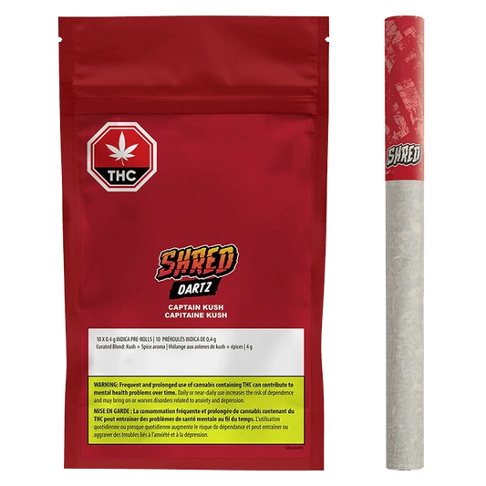 Front view of the Captain Kush Dartz Pre Rolled 10 x 0.4 g package with a red and white design and bold lettering.