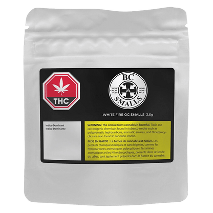 Close-up of the “White Fire OG Craft Smalls” package, displaying prominent warning text against a dark background.