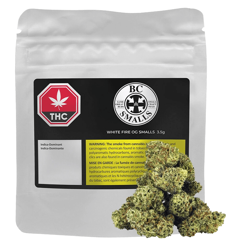 Close-up of the “White Fire OG Craft Smalls” package, showing the label and branding against a dark background.