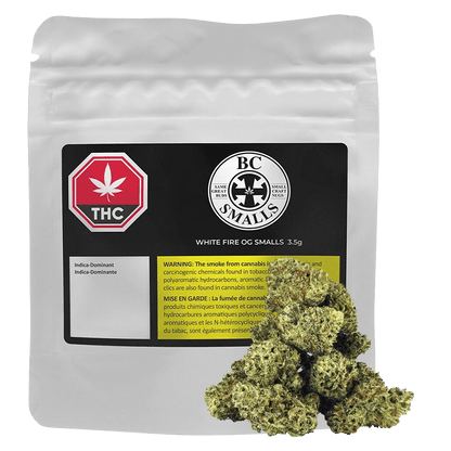 Close-up of the “White Fire OG Craft Smalls” package, showing the label and branding against a dark background.