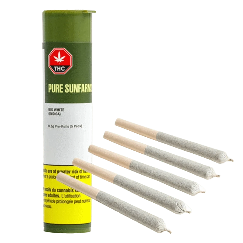 Front view of five rolled “Big White Pre Rolled 0.5 g” pre-rolls against a dark background, showing their slender, cylindrical shape.
