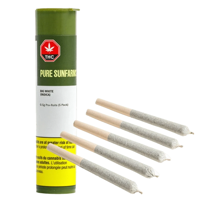 Front view of five rolled “Big White Pre Rolled 0.5 g” pre-rolls against a dark background, showing their slender, cylindrical shape.