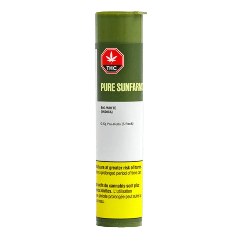 Front view of the Big White Pre Rolled 5 x 0.5 g pre-rolls, showcasing the product packaging with bold branding.
