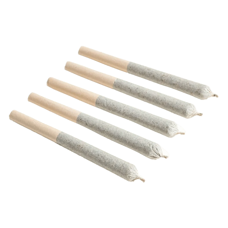 A close-up view of five 0.5g pre-rolls of Big White PR, arranged side-by-side against a plain white background.