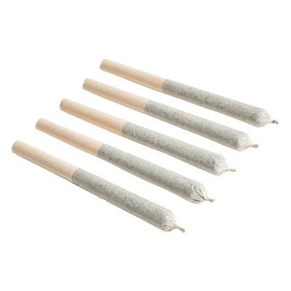 A close-up view of five 0.5g pre-rolls of Big White PR, arranged side-by-side against a plain white background.