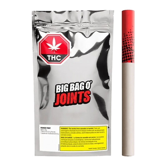 A close-up of the Franken' Fruit Tube-style Pre Rolled 70 x 0.4 g packaging against a black background, displaying bold, colorful branding.