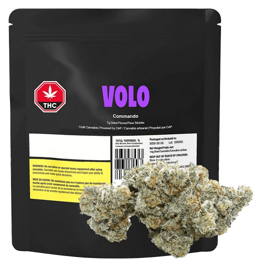 A close-up of the Commando packaging with bold text and a cannabis leaf icon on a dark background.