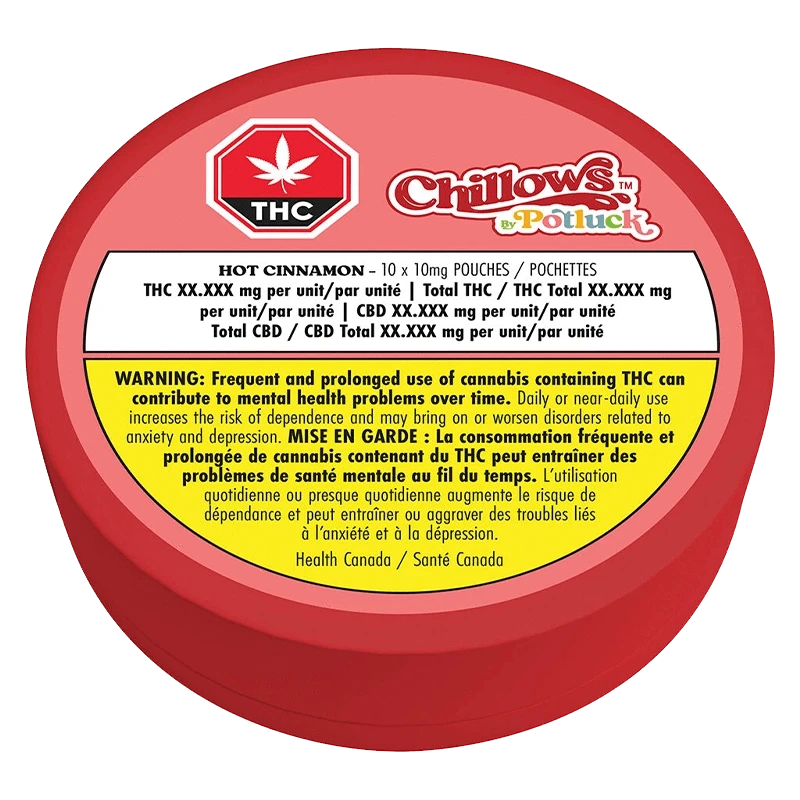 Close-up of Hot Cinnamon Chillows Pouches packaging with a warning message about potential health risks.