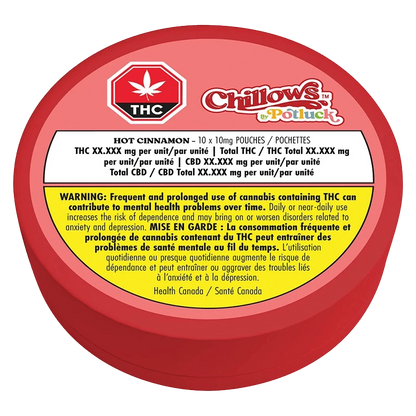 Close-up of Hot Cinnamon Chillows Pouches packaging with a warning message about potential health risks.