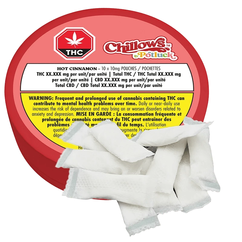 Hot Cinnamon Chillows Pouches are displayed in a close-up shot, showcasing the product's packaging with a vibrant red and white design.