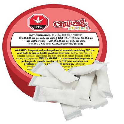 Hot Cinnamon Chillows Pouches are displayed in a close-up shot, showcasing the product's packaging with a vibrant red and white design.