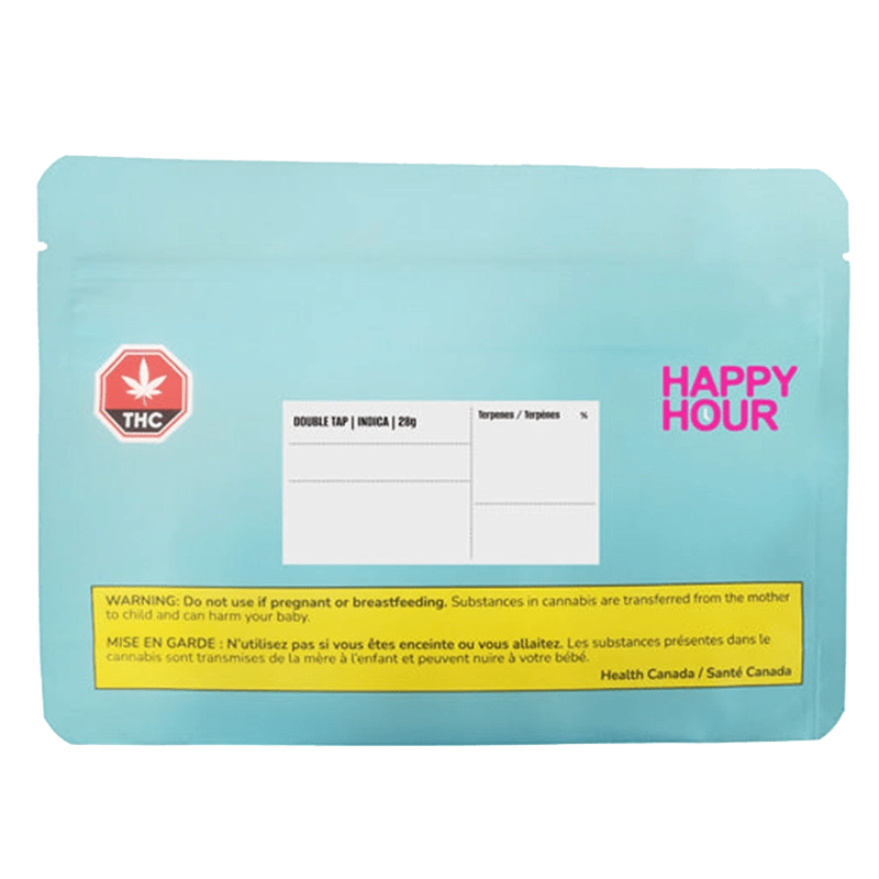 Close-up of the Double Tap Indica packaging against a white background, displaying a red logo and bold text.