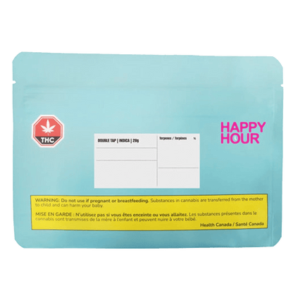 Close-up of the Double Tap Indica packaging against a white background, displaying a red logo and bold text.