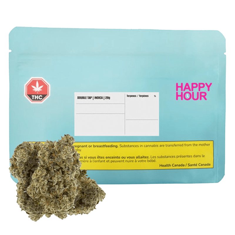 Close-up of the Double Tap Indica packaging, featuring a vibrant graphic against a dark background.