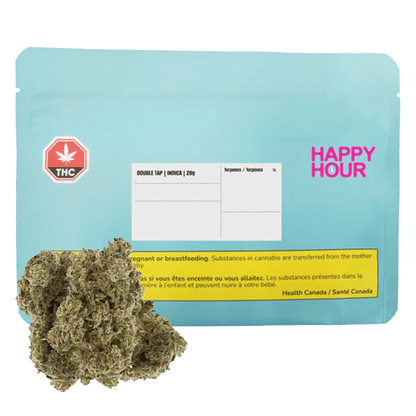 Close-up of the Double Tap Indica packaging, featuring a vibrant graphic against a dark background.
