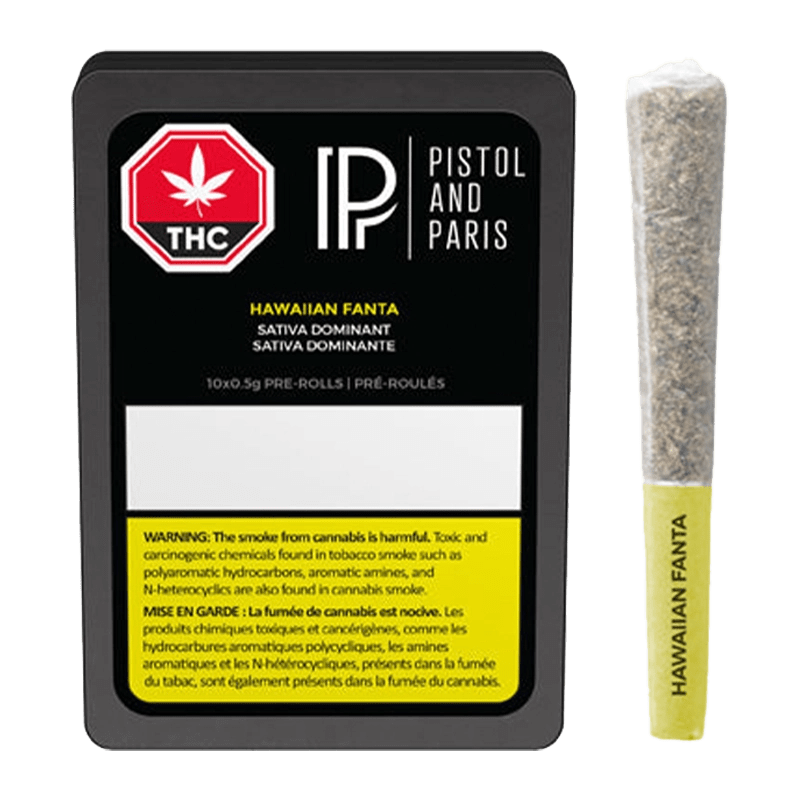 Close-up of the Hawaiian Fanta Pre Rolled 10 x 0.5 g pre-rolls packaging, displaying a vibrant logo and product details against a dark backdrop.