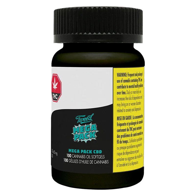 Front view of a black jar labeled "CPY Mega Pack CBD Hybrid 100 caps - Tweed" showing teal logo and a yellow warning panel.