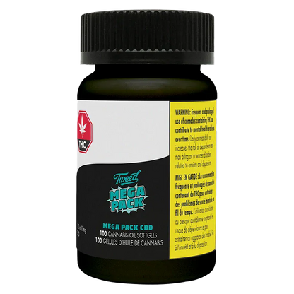 Front view of a black jar labeled "CPY Mega Pack CBD Hybrid 100 caps - Tweed" showing teal logo and a yellow warning panel.