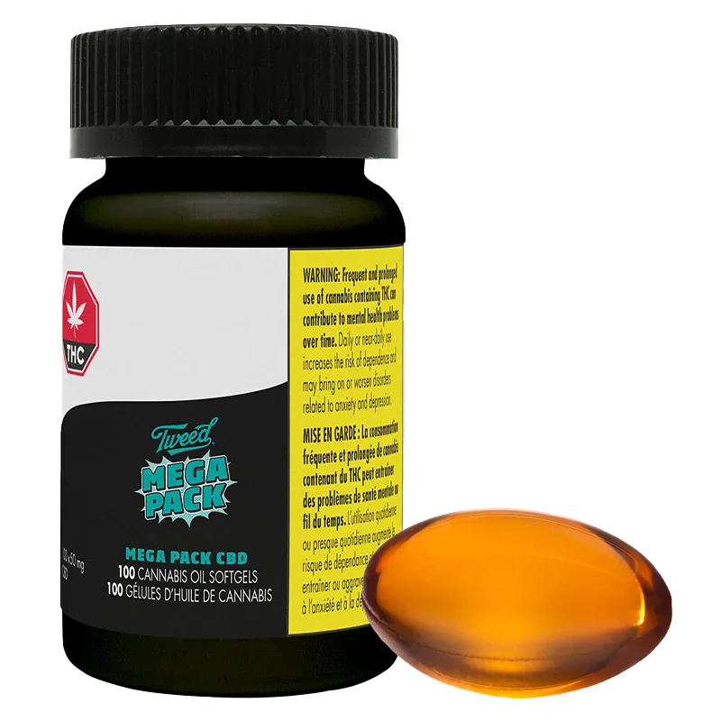 Three-quarter front view of a dark bottle and amber softgel, showing the label on the CPY Mega Pack CBD Hybrid 100 caps - Tweed.