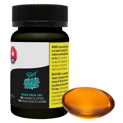 Three-quarter front view of a dark bottle and amber softgel, showing the label on the CPY Mega Pack CBD Hybrid 100 caps - Tweed.
