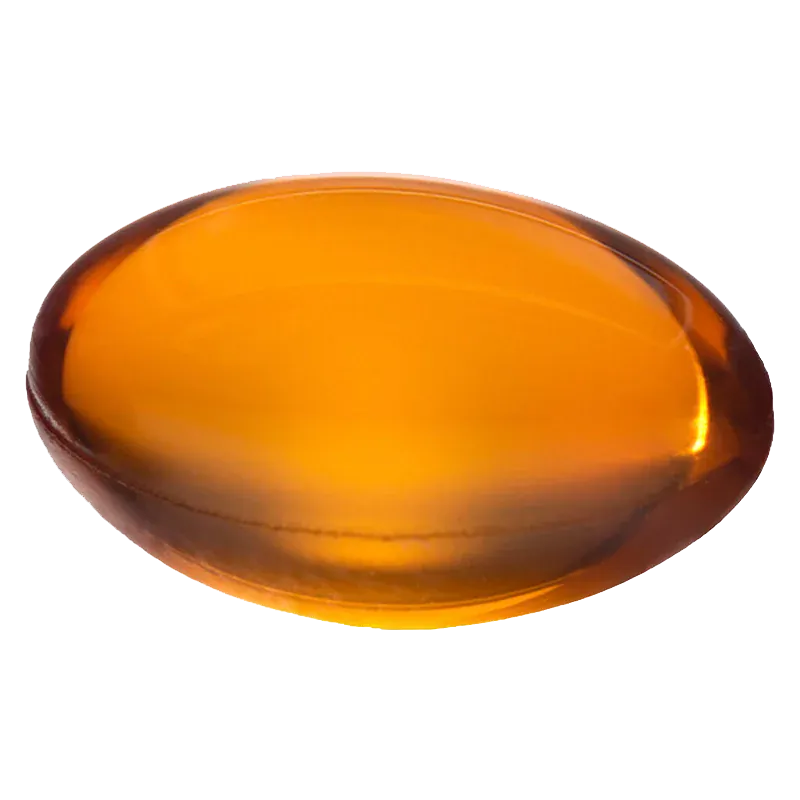 Close-up top view of a single amber gel capsule labeled CPY Mega Pack CBD Hybrid 100 caps - Tweed, shown against a white background.