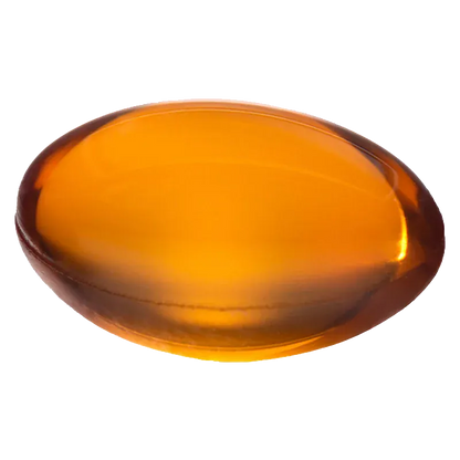 Close-up top view of a single amber gel capsule labeled CPY Mega Pack CBD Hybrid 100 caps - Tweed, shown against a white background.