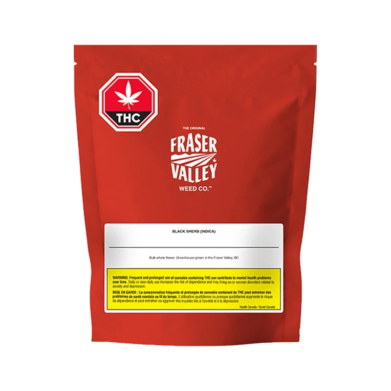 Front view of the Fraser Valley Black Sherb packaging, displaying the brand logo on a white background.