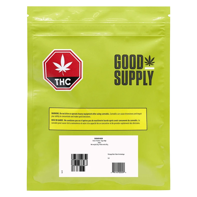 Front view of the Sugar High packaging, displaying a bright green color with bold black lettering and a THC symbol.