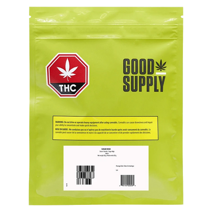 Front view of the Sugar High packaging, displaying a bright green color with bold black lettering and a THC symbol.