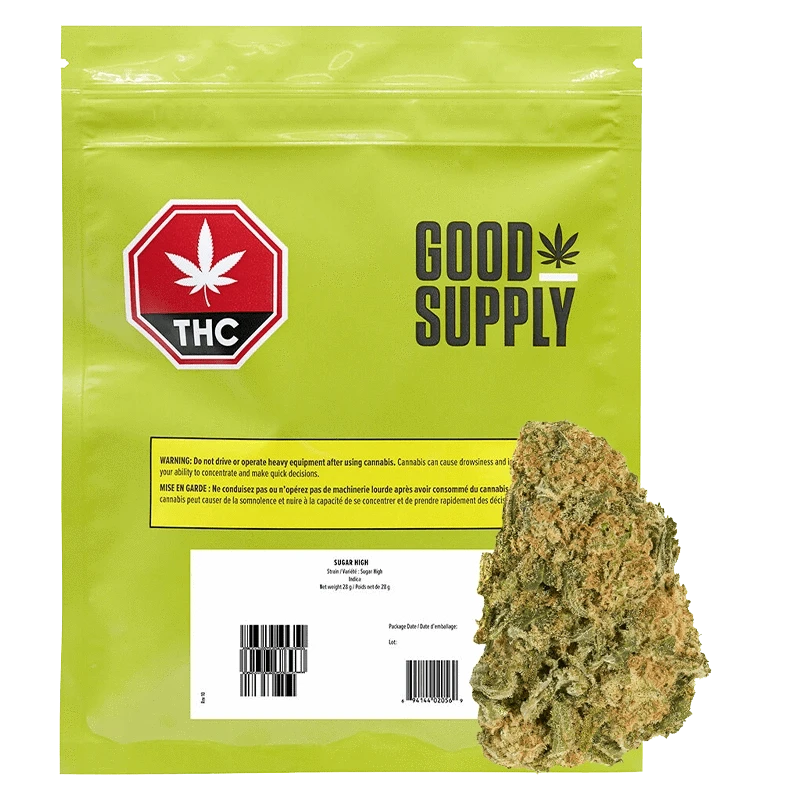 Front view of the Sugar High packaging featuring the brand logo and a warning label in both English and French.