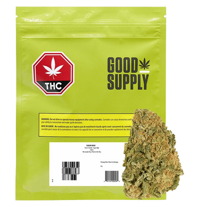 Front view of the Sugar High packaging featuring the brand logo and a warning label in both English and French.