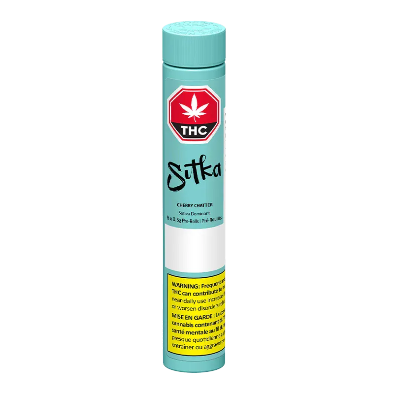 Tall front view of the turquoise Sitka Cherry Chatter PR 5 x 0.5 g tube with a red THC emblem and yellow warning panel.