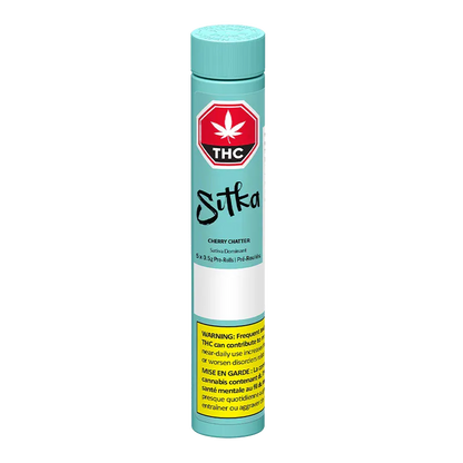Tall front view of the turquoise Sitka Cherry Chatter PR 5 x 0.5 g tube with a red THC emblem and yellow warning panel.