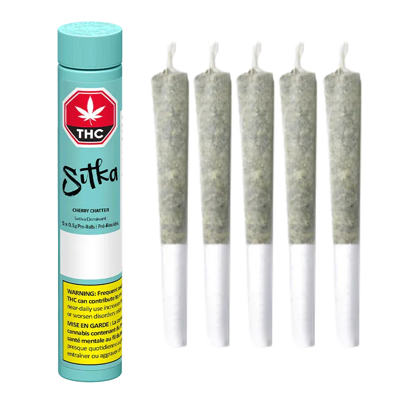 Cylinder of Cherry Chatter PR 5 x 0.5 g by Sitka standing left of five upright pre-rolled joints on a white background.