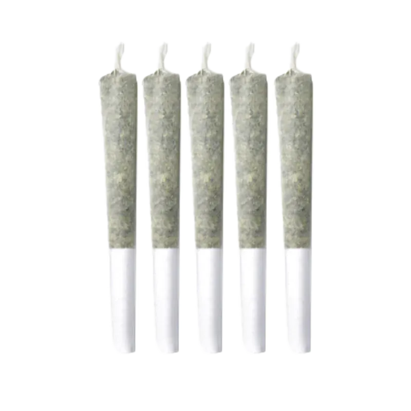 Row of five pre-rolled joints photographed front-on against a white background, labeled Cherry Chatter PR 5 x 0.5 g.