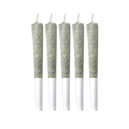 Row of five pre-rolled joints photographed front-on against a white background, labeled Cherry Chatter PR 5 x 0.5 g.