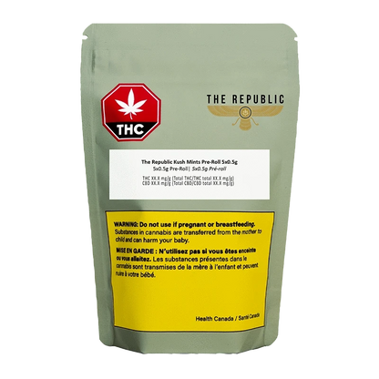 The Republic Kush Mints Pre Rolled 5 x 0.5 g pre-rolls are displayed against a black backdrop, showcasing the packaging details.