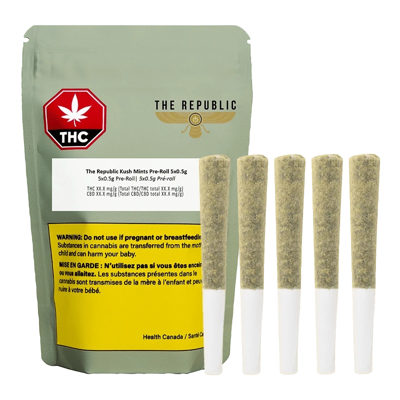 A close-up of the Kush Mints Pre Rolled 5 x 0.5 g pre-rolls in their clear packaging, showcasing branding details and regulatory warnings.