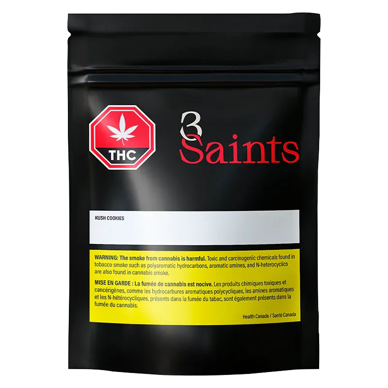 Front-facing shot of the black 3 Saints pouch labeled Kush Cookies PR 10 x 0.35 g with a red THC octagon and yellow warning panel.