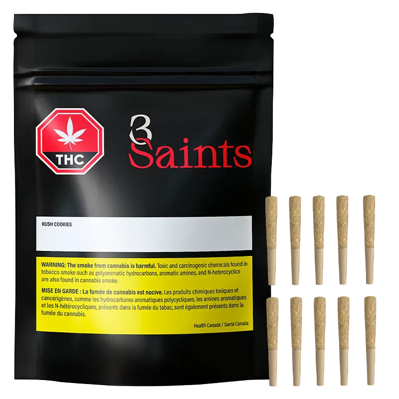 Front view of the black pouch and ten prerolled joints arranged to the right, labeled Kush Cookies PR 10 x 0.35 g.