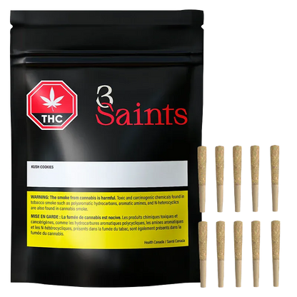 Front view of the black pouch and ten prerolled joints arranged to the right, labeled Kush Cookies PR 10 x 0.35 g.