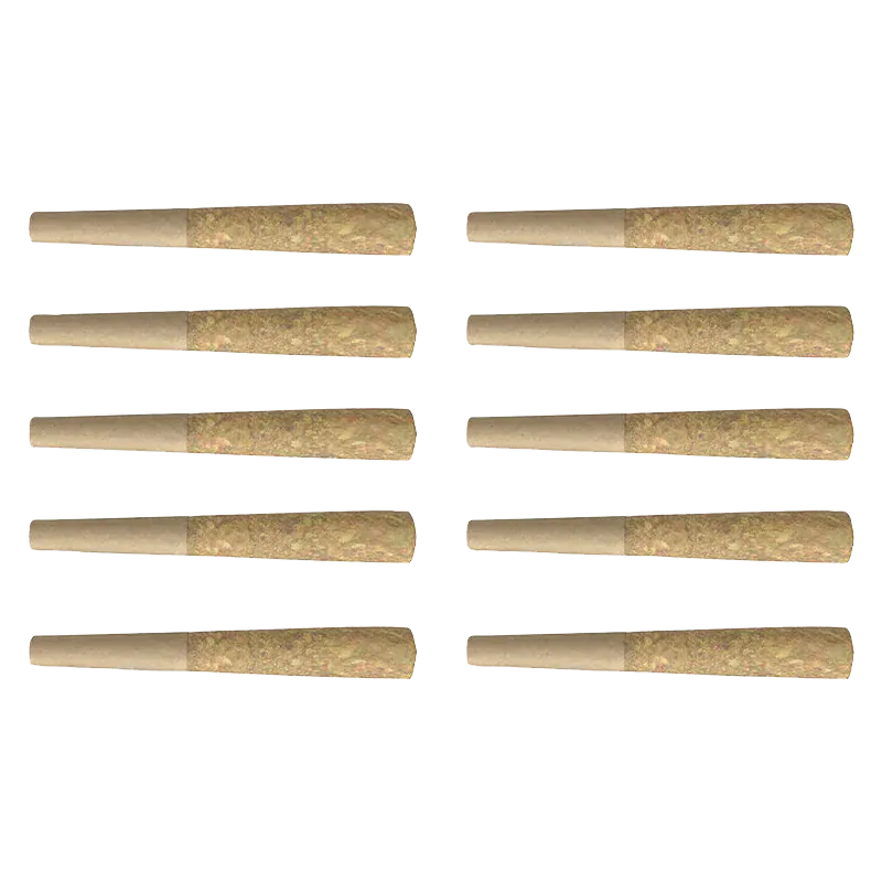 Grid of ten pre-rolled joints photographed from above, labeled Kush Cookies PR 10 x 0.35 g, each tapered brown cone against a white background