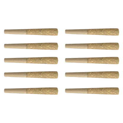 Grid of ten pre-rolled joints photographed from above, labeled Kush Cookies PR 10 x 0.35 g, each tapered brown cone against a white background