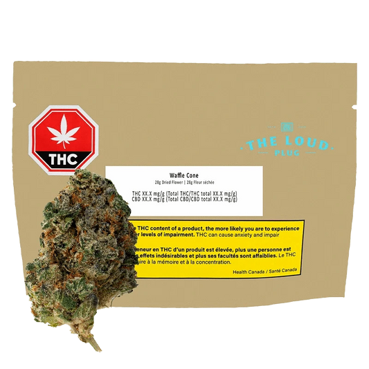 Front view of the Waffle Cone with a red THC label, shown against a black background.