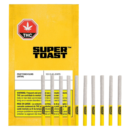 A close-up of the Fruit Punch Slims Pre Rolled 10 x 0.4 g pre-rolled joints against a black background with vibrant branding.