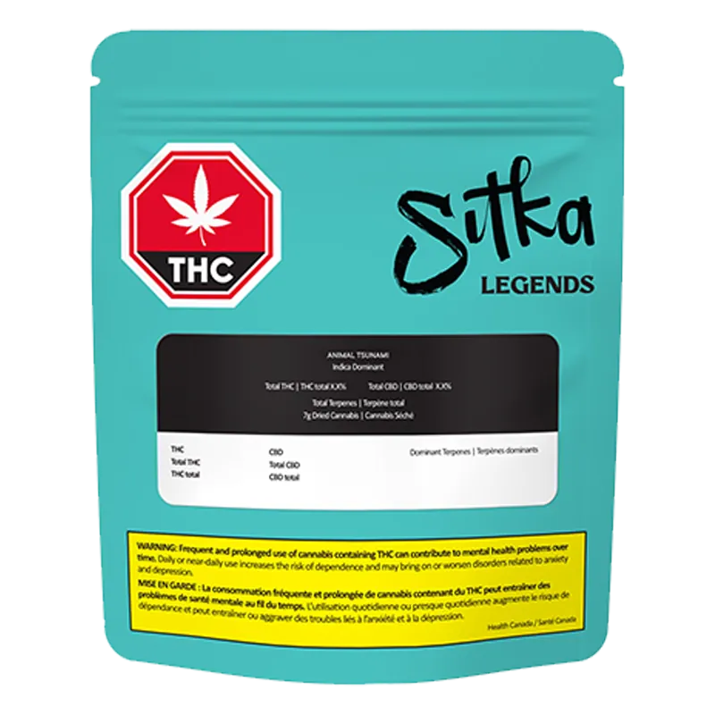 Front-facing shot of the turquoise Sitka Legends Animal Tsunami pouch with THC warning label and black product panel.