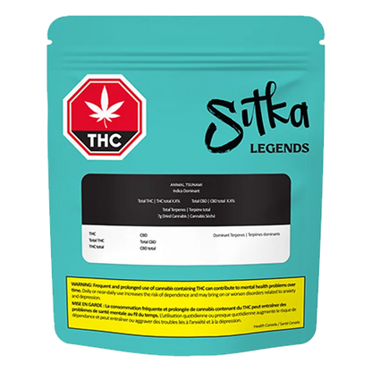 Front-facing shot of the turquoise Sitka Legends Animal Tsunami pouch with THC warning label and black product panel.