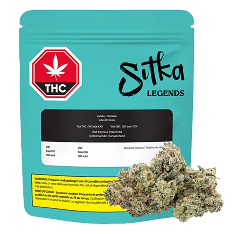 Front view of a teal Sitka Legends Animal Tsunami pouch with THC symbol and two cannabis buds placed at the lower right.