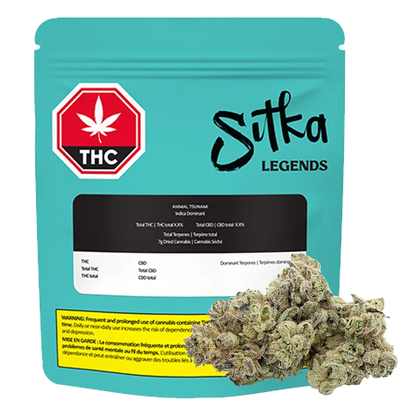 Front view of a teal Sitka Legends Animal Tsunami pouch with THC symbol and two cannabis buds placed at the lower right.