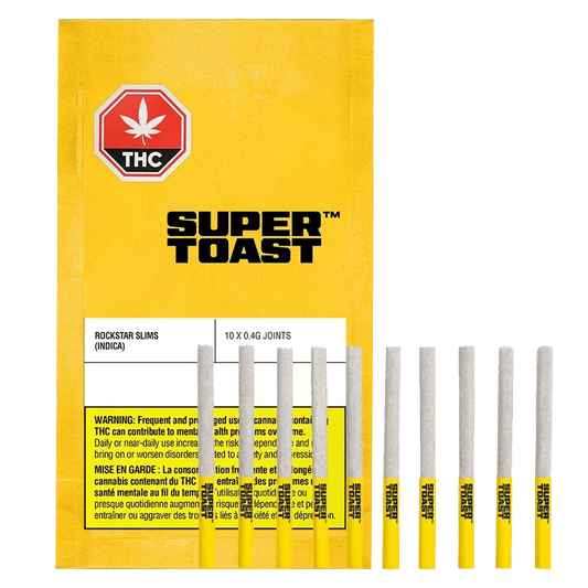 Close-up of the Rockstar Slims Pre Rolled 10 x 0.4g packaging, displaying bold branding against a dark background.